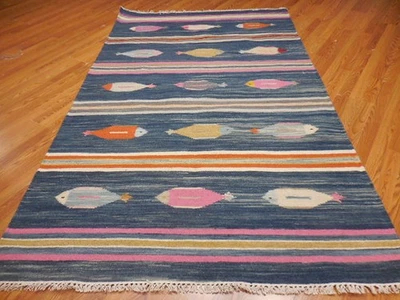 Alfombra turca Oushak, alfombra de diseño de peces de tejido plano, alfombra bohemia hecha a mano, 5x8 Foto 1 de 4