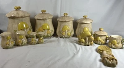 VINTAGE 19 Piece Arnels 1970’s Mushroom Canister Set~70’s Yellow~EUC - Image 1 of 4