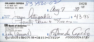 Cheque firmado Orlando Cepeda (HOF) -Gigantes de San Francisco- (muerto en 2024) - Imagen 1 de 2