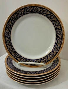 LOT OF 6 ROYAL SCOTLAND 7 1/2" SALAD PLATES RZS8 GOLD BANDS & SCROLLS ON COBALT - Picture 1 of 5