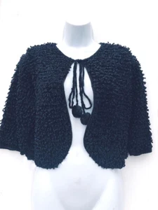 VTG Designer sample Black velvet chenille knit short pom pom tie jacket SM CUTE! - Picture 1 of 4