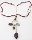 32" "C" Red Leather Strip Silver-T Dangle Pendant Necklace Bead Hammered Nugget
