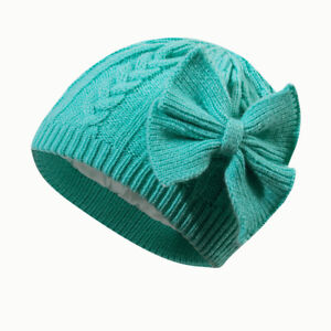 Kids Children Winter Warm Knitted Hat Bow Thermal Beanie Cap Plain Soft Outdoor