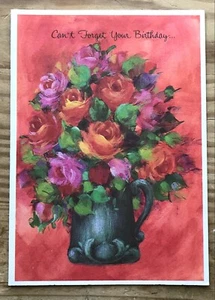 Tarjeta de cumpleaños vintage de flores rosas en jarra enmarcable diario basura - Imagen 1 de 4