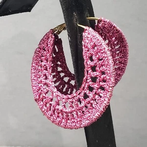Wooven Hoop Earrings Pink Glitter 80s 90s Modernist Boho Pierced 2.75" - Picture 1 of 9