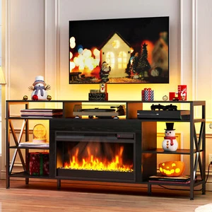 RGB LED Wood TV Stand with Fireplace APP&Remote Control for 80" in TVs Cabinet - Picture 1 of 13