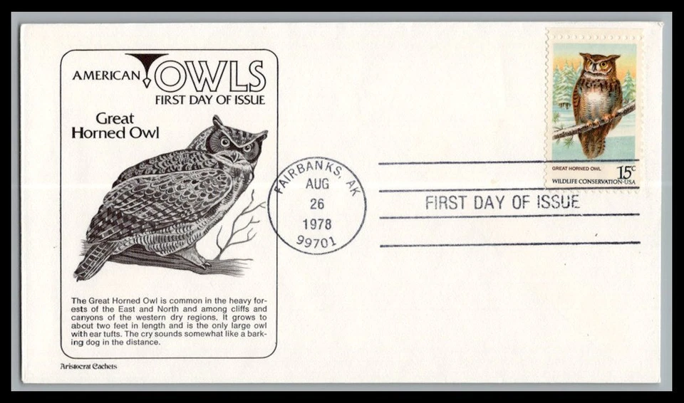 US FDC # 1763 15c Owls of America Aristocrat   1978, 9p1954 - Image 1 of 1