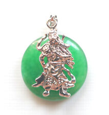 Genuine Green Jade Circle 18KGP Guan Yu Guan Gong Blessing Luck Pendant Necklace
