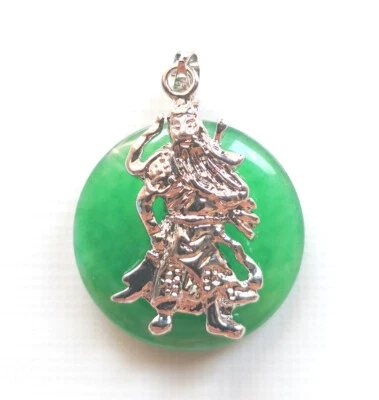 Collar Colgante Genuino Círculo Jade Verde 18KGP Guan Yu Guan Gong Bendición Suerte Foto 1 de 4