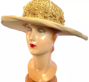 VTG 20's/30's Beige Silk/Croqued Straw Hat W/Wide Brim - Picture 1 of 12