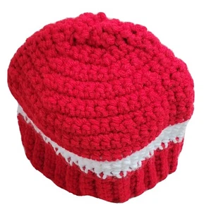 Knitted Children Winter Hat Red White Handmade 7” Across Opening - Picture 1 of 7