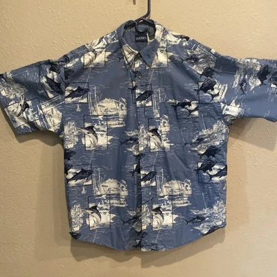 Camisa de popelina puritana para hombre XLarge azul pesca oceánica manga corta con botones Foto 1 de 4