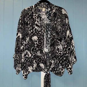 Chico’s  sheer cover up silk Front Knot Tie TOP  black white floral Size L (2) - Picture 1 of 6