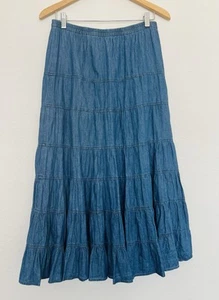 Gonna chambray midi MULTIPLES full swing taglia Petite M denim a strati western boho - Foto 1 di 7