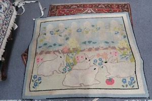 Vintage Hand Made Wool Hooked Rug 36" x 43" Bunny Rabbits Easter Theme - Picture 1 of 7