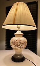 Vintage Large Floral  Glaze Ceramic Lamp Wooden Base VTG 27” Tall No Shade Incl.