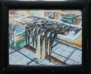 :: AQUARELL MARKTSTAND MIT FISCHEN SOMMERLICHES STILLEBEN SPANIEN HANDSIGNIERT - Bild 1 von 6