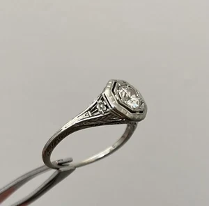 Diamond Engagement Ring Edwardian Old European filigree .59 ct antique - Picture 1 of 7
