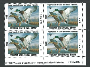 VA1, 1988 Virginia Duck Stamp, $5.00 Mallards, Plate Block of 4 - Picture 1 of 1