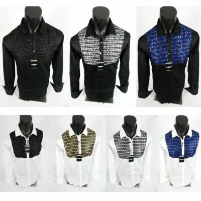 Mens Shirt Black White Shiny Stitch Event Wedding Barabas Classic Fit Button Up - Image 1 of 4