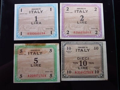Italy AMC 1, 2, 5, & 10 Lire 1943 1775h90 Set Allied Military Currency Money - Image 1 of 2