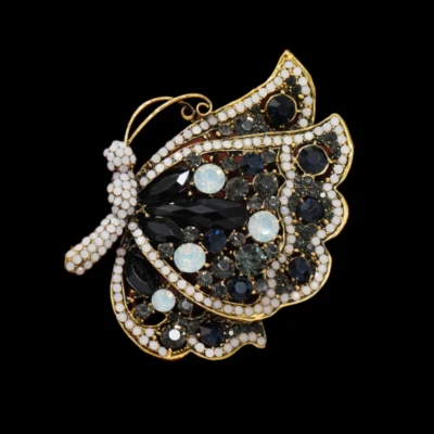 Broche prendedor retro negro blanco cristal estrás mariposa grande joyería regalo Foto 1 de 3