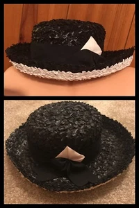 Vintage GAGE Derby Hat Womens Black White Woven Plastic Rolled Brim Fedora 1950s - Picture 1 of 12