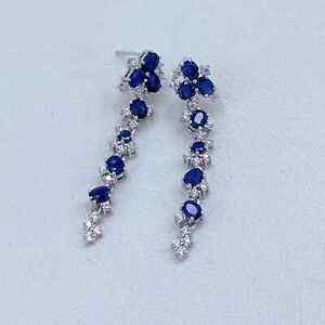 Natural Blue Sapphire Long Dangle Earrings, Blue Sapphire Earrings Platinum