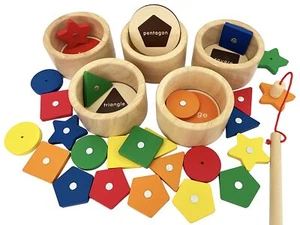 Dailyfunn Montessori Toy Wooden Sorting Cup&Fishing Game 2-in-1 Colors Shapes... - Picture 1 of 7