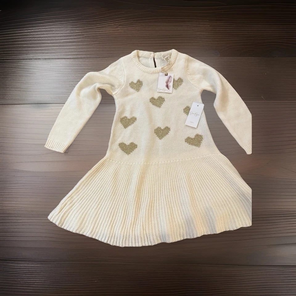 Vestido Jessica Simpson Niñas Talla 5 Nuevo con Etiquetas Crema Dorado Corazones Suéter Vacaciones Elegante Foto 1 de 4