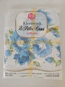 Vtg Riegel Kleenwink Pillow Cases Set Of 2 NOS 100% Cotton Blue Floral 42x36 - Picture 1 of 4