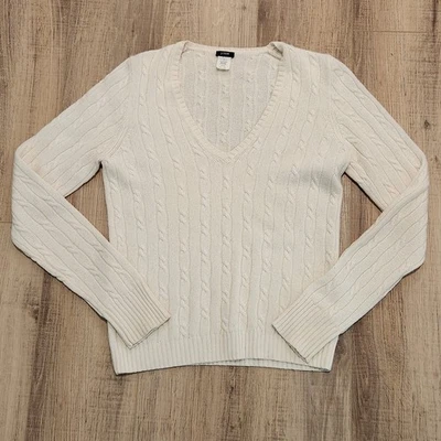 J.Crew White Cable Knit V-neck Sweater Medium Merino Wool Angora Cashmere Blend - Image 1 of 4
