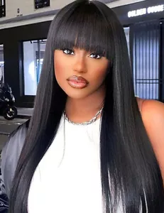 Straight Black Synthetic Wig With Bangs Black Heat Safe Daily Wear Soft Wig - Picture 1 of 19
