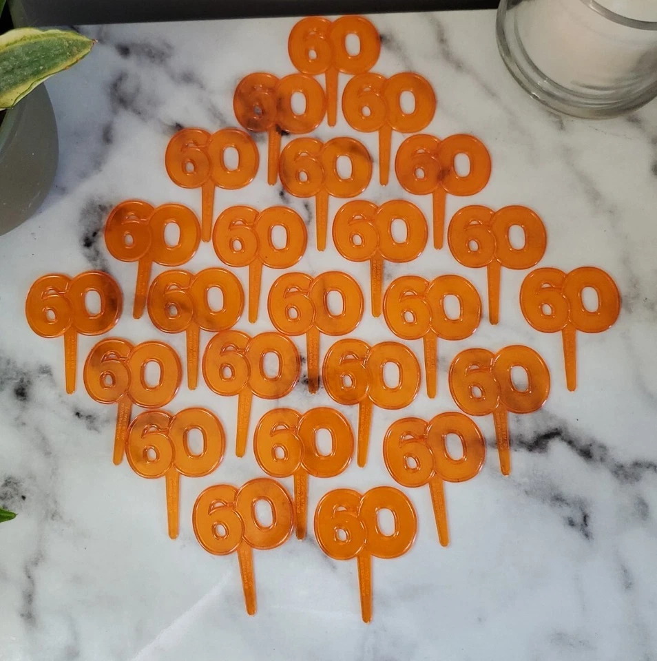 Lot Of 24 Orange 60th Birthday Anniversary Cupcake Picks Toppers Bakery Crafts - Image 1 of 3