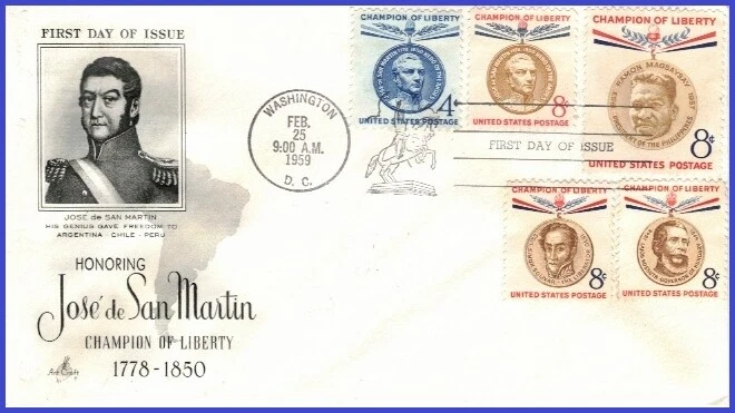 USA3 #1126 U/A ARTCRAFT FDC Combo5  Jose de San Martin - Image 1 of 1