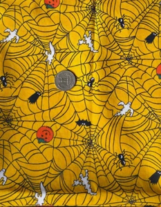1 Yd Halloween Yellow Background Spider Webs Ghosts Pumpkins Bats Fabric - Picture 1 of 3