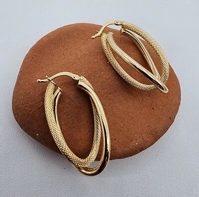 14k .585 Yellow Gold 1.25 x 1 " Oval Twist Double Hoop Earrings Au 2523 - Image 1 of 4