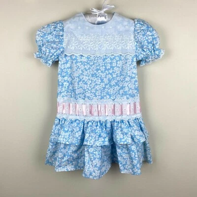 Vintage Peaches & Cream Girls Blue White Floral Ruffle Ribbon Dress 5T - Image 1 of 4
