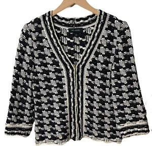 St. John Hahnentritt Reißverschluss Jacke Blazer V-Ausschnitt Seidenmischung schwarz weiß Gr. 4 - Bild 1 von 12