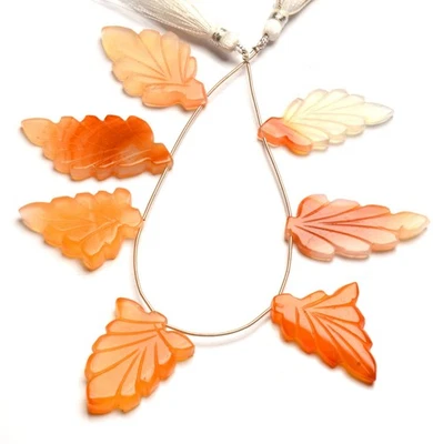Natural Orange Onyx Gemstone 36 to 48 mm Size Carved Leaf Shape Beads 8" Strand - Image 1 of 4