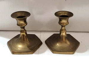 Vintage Brass 2.5 in Mini MCM Candlestick Holders with Hexagon Base (Set of 2) - Picture 1 of 3