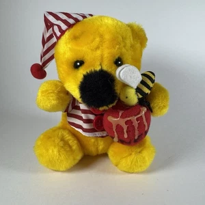 Vintage Plush Winnie The Pooh Yellow Bear Night Cap Striped Honey Pot Bee 6" Toy - Picture 1 of 12