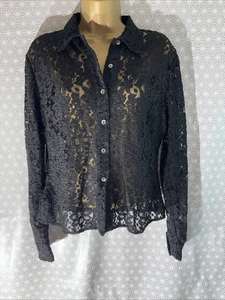 Womens St Michael M&S Uk 14 Black Floral Lace Long Sleeve Stretch Sheer Blouse - Picture 1 of 7