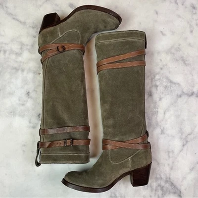 FRYE Jane Olive Suede Knee High Boots Brown Leather Strappy Buckle Harness 6.5 - Image 1 of 4