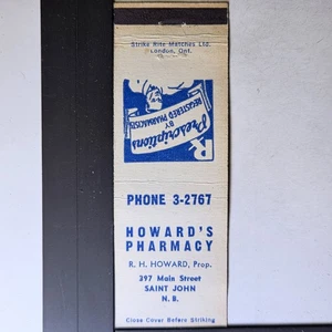 Howard's Pharmacy Saint John N.B. Vintage Blue Print Matchbook - Picture 1 of 3