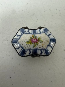 Caja Baratija De Colección Limoges Rochard Francia Rayas Azules Rosa Floral Pintada a Mano - Imagen 1 de 7