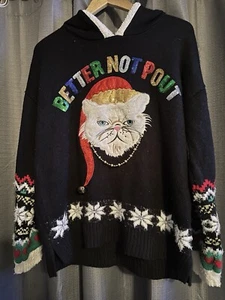 Cat Ugly Christmas Sweater With Hood And Bell Size Small - Picture 1 of 5