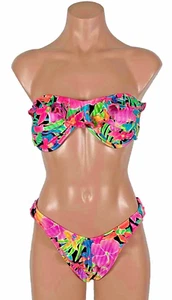 VTG Electric Beach Jantzen 2pc Bikini Swimsuit Underwire 80s 90s Neon Floral 14 - Picture 1 of 10