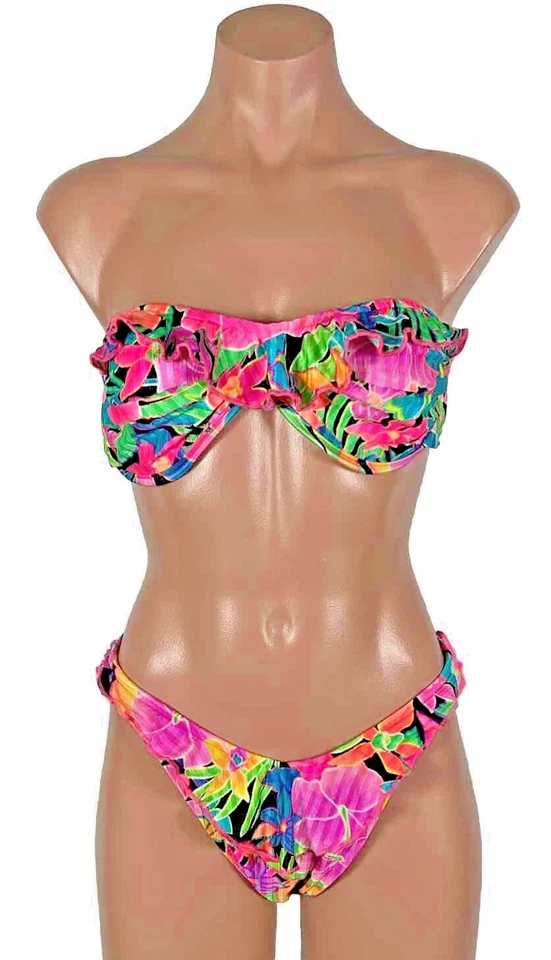 VTG Electric Beach Jantzen 2pc Bikini Swimsuit Underwire 80s 90s Neon Floral 14 - Image 1 of 4