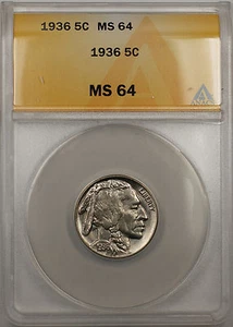 1936 Buffalo Nickel 5C Coin ANACS MS-64 (Better Coin 10) - Picture 1 of 2